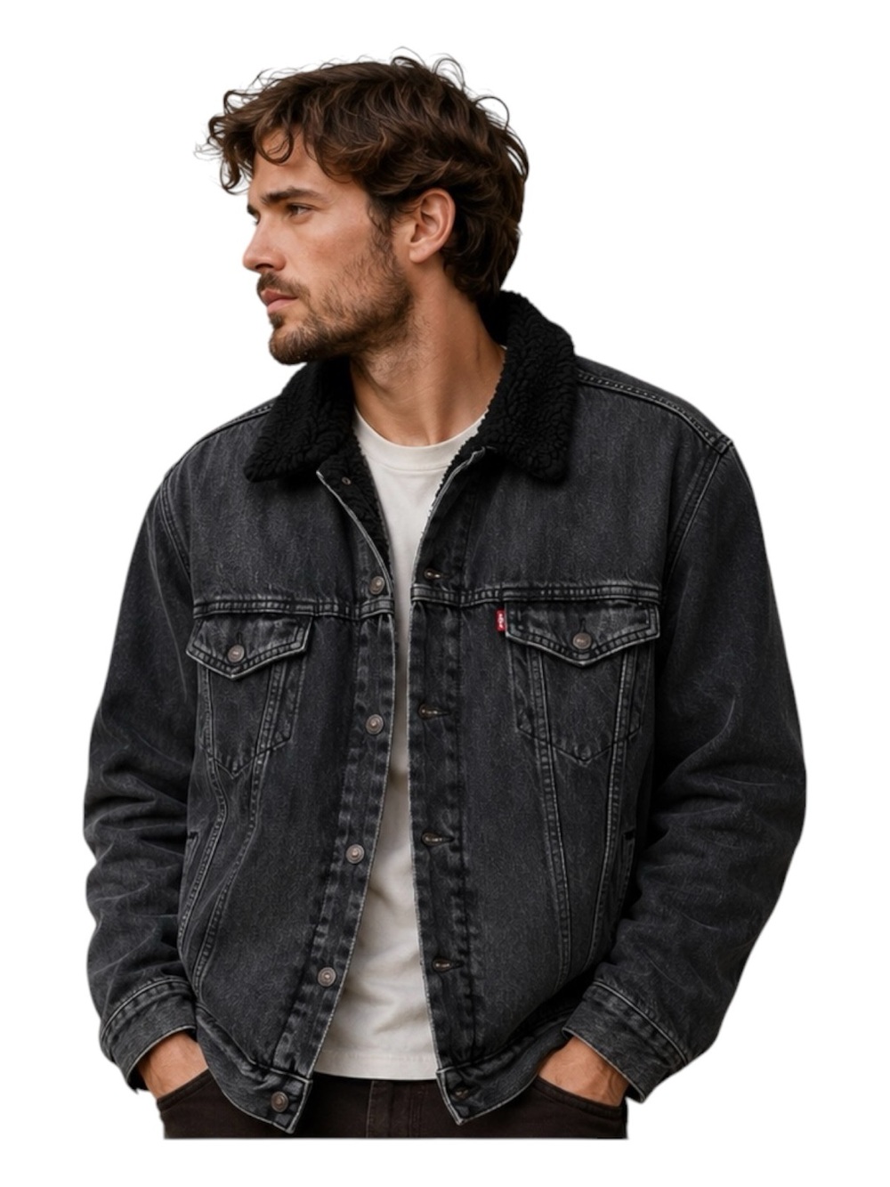 LEVIS SHERPA Jean Jacket Trucker Denim Stonewashed Cotton Black Warm Men's Large